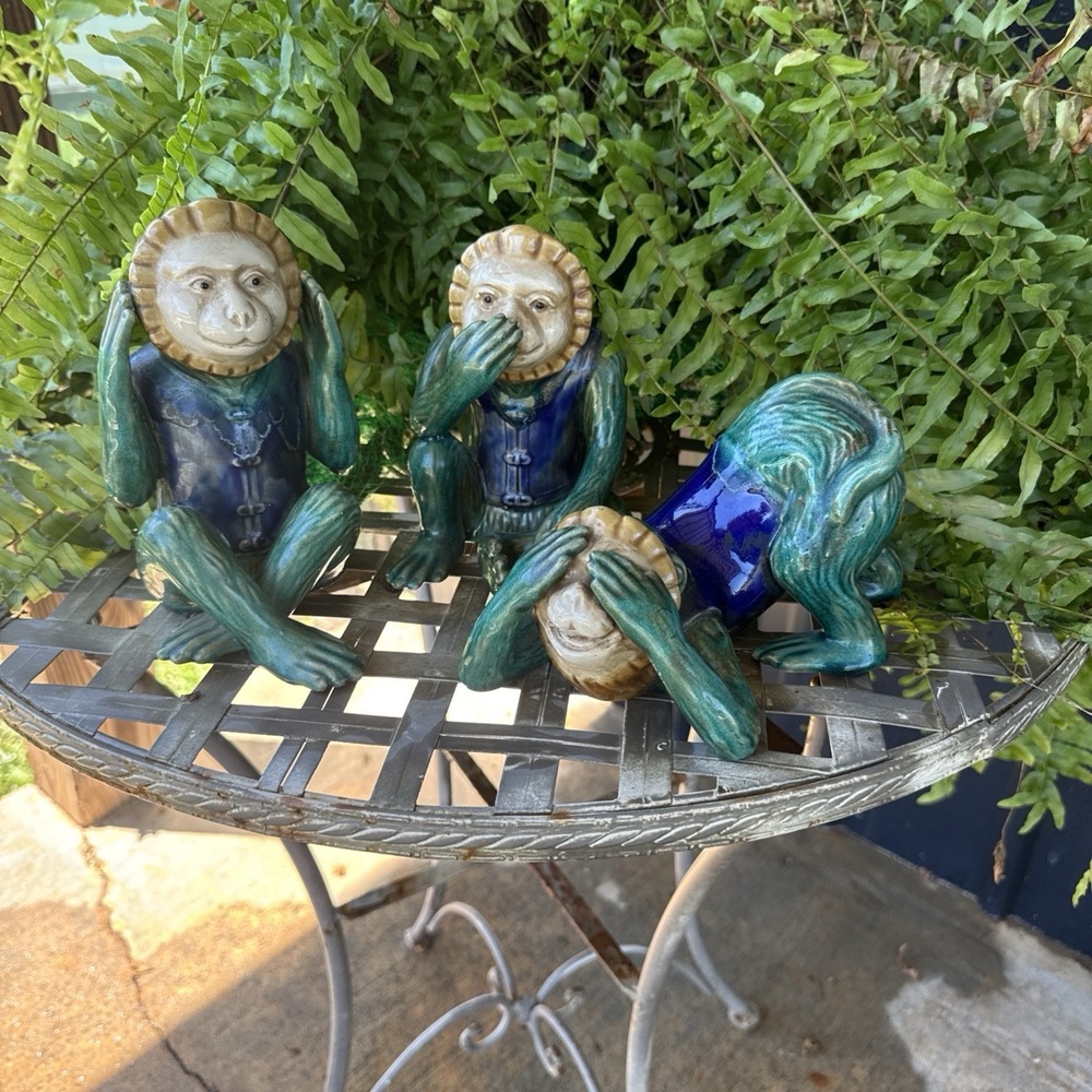 Vtg Set Of Majolica Capuchin Monkey Figurines Hear Speak See No Evil Ceramic EUC